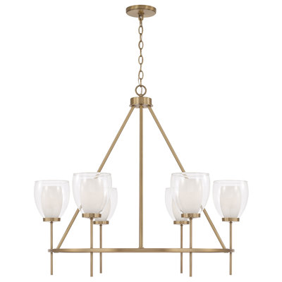 35" W x 31" H 6-Light Ring Chandelier in Aged Brass with Layered White and Clear Glass