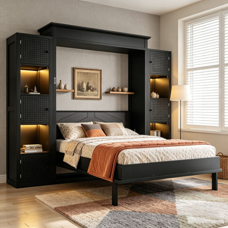 Grand lit escamotable avec lumières DEL et tablettes de rangement