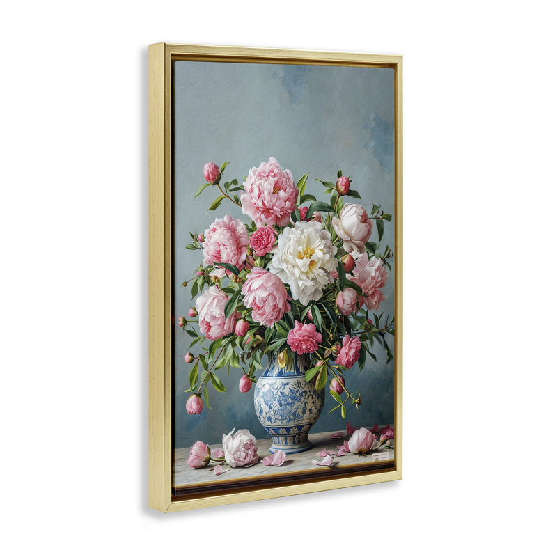 Toile flottante avec pivoines par Roozbeh Bahramali, H 31 po x l 21 po, Cadre flottant métallique doré