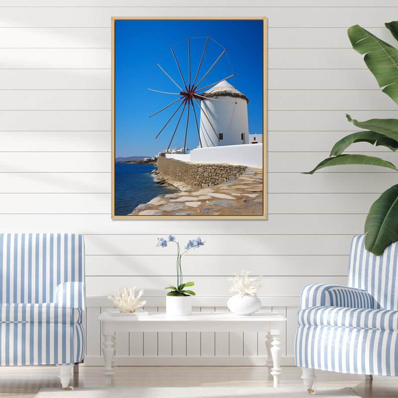 Grèce, moulin à vent Santorini, photo 2 - Grèce, art mural, Cadre flottant brun, 32" H x 16" W