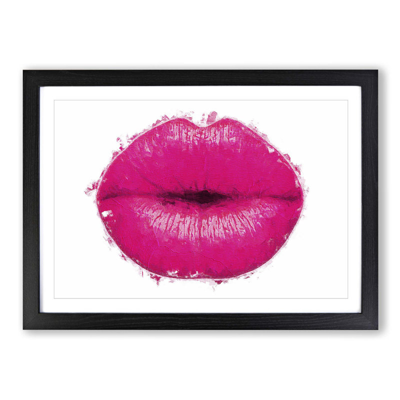 Hot Pink Lips in Abstract - Picture Frame Painting Print on MDF, 62cm H x 87cm W x 2cm D, Black Framed