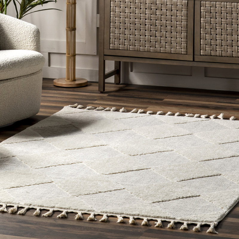 Tapis treillis Marissa pour le salon, la chambre et la cuisine, blanc cassé / gris, Rectangle 4 pi x 6 pi