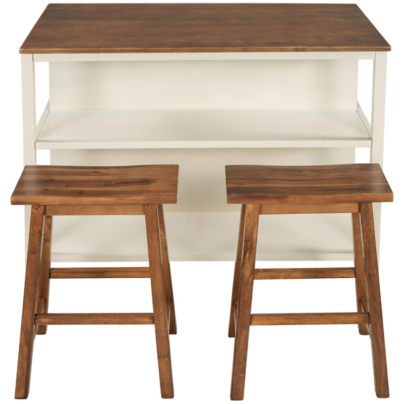 Solid Wood Rustic 3-Piece 45" Stationary Kitchen Island Set With 2 Seatings, Rubber Wood Butcher Block Dining Table Set Prep Table Set With 2 Open Shelves