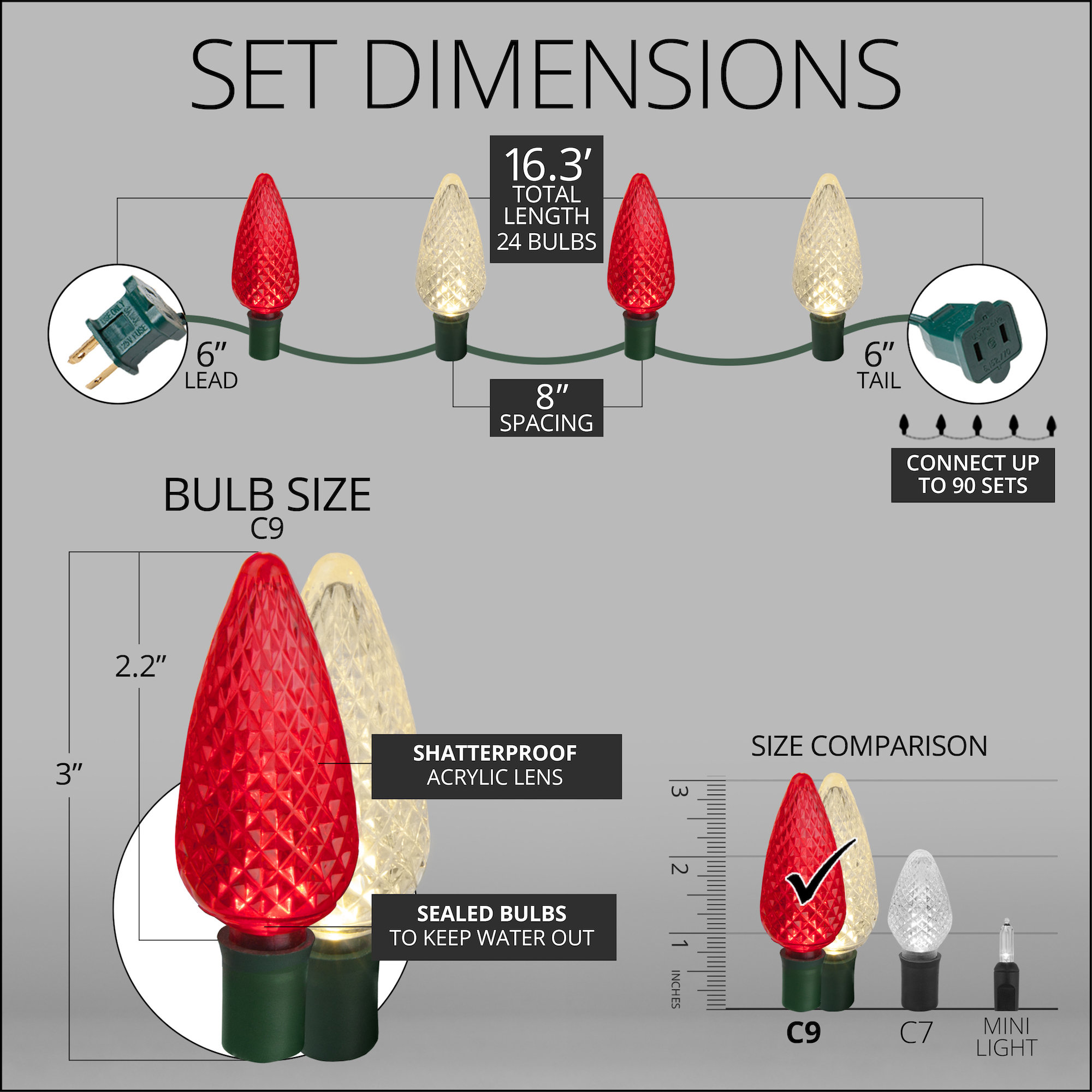 C9 LED Christmas String Light, Red/Warm White, 16.3' L, 24