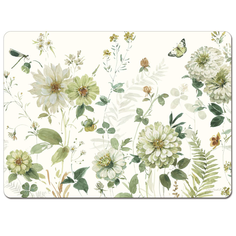 Green Floral Hardboard Cork Back Rectangular Placemats, Set of 4