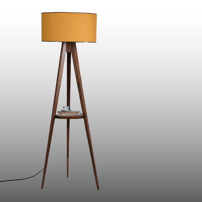 Wooden Body Drum Tripod Floor Lamp, Mustard
