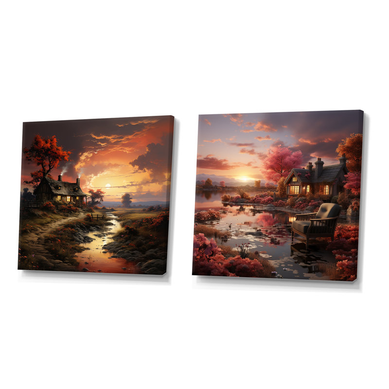 Cottage Sunset Sanctuary I - ensemble de 2 impressions sur toile Cottage, Toile tendue, H 16 po x l 33 po x P 1 po