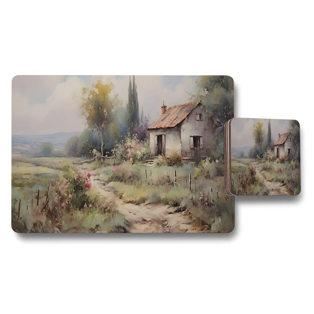Country Cottage Landscape Placemats And Coaster Set With Rustic Painting