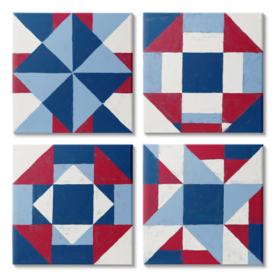 Motif de courtepointe géométrique patchwork rouge blanc bleu par Vanna Lam - ensemble de 4 impressions d'art graphique