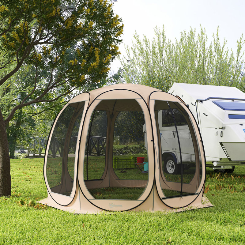 Tente écran 11 pi x 11,5 pi, pavillon de jardin escamotable avec 2 portes, Beige