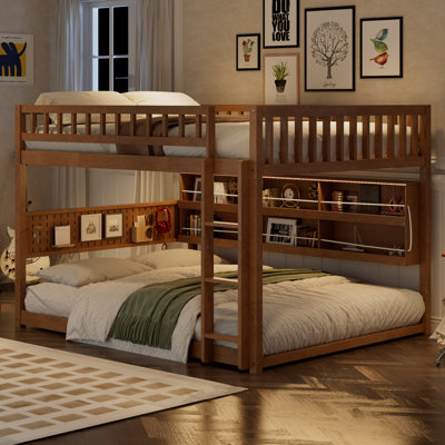 Queen over Queen Bunk Bed with Storage Shelf, LED Lights and Pegboard, Solid Wood Bunk Bed with Ladder & Guardrails, Brown