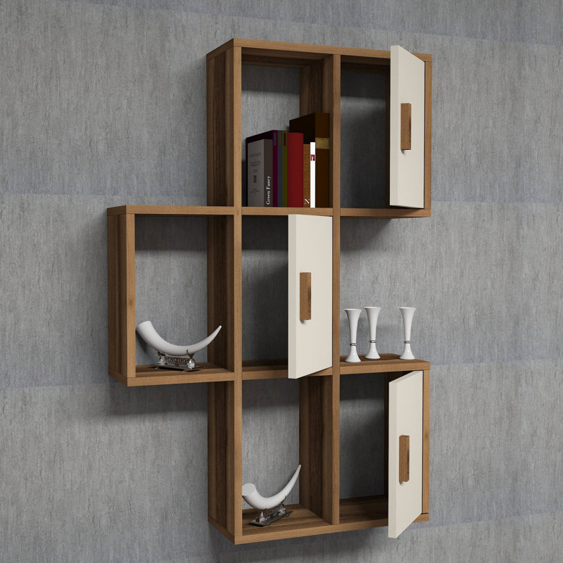 Tallapoosa 9 Piece Cube Shelf with Adjustable Shelves, Walnut/Cream