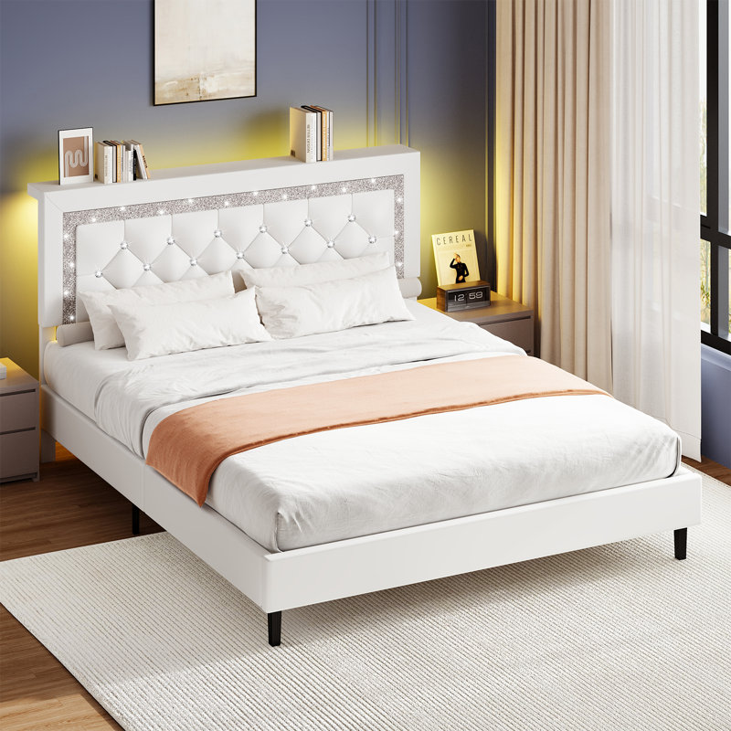Alber Bed Frame with Storage Headboard, Upholstered Platform Bed Frame with Diamond Tufted Headboard and LED Lights, Wooden Slats Support, Noise Free