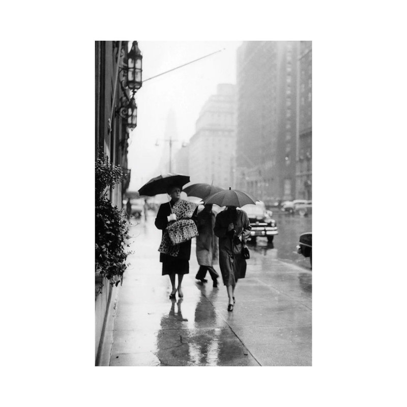 1950s Fashionable Woman Wearing Leopard Skin Muff And Stole Walking Down Rainy City Street - Wrapped Canvas Print