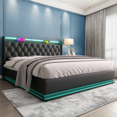 Upholstered Bed With Led, Hydraulic Storage Bed With Usb Type-C Charging