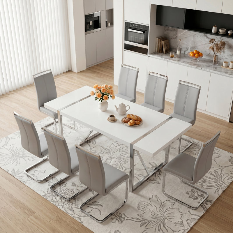 Ensemble de table de salle à manger 9 pièces Modern, 9, Gris clair