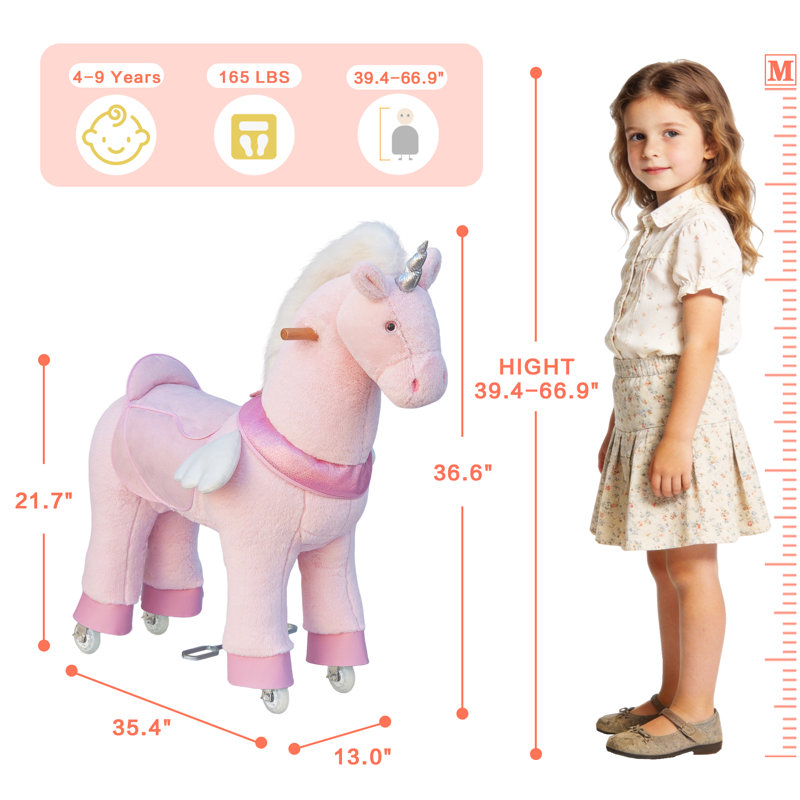 Ride On Unicorn Toys For Kids, Ride On Toy For 4 To 9 Years Old, 36.6'' Height Riding Horse Rider Mechanical Walking Action Plush Animal, No Battery Or Electricity, Max Load 165Lbs