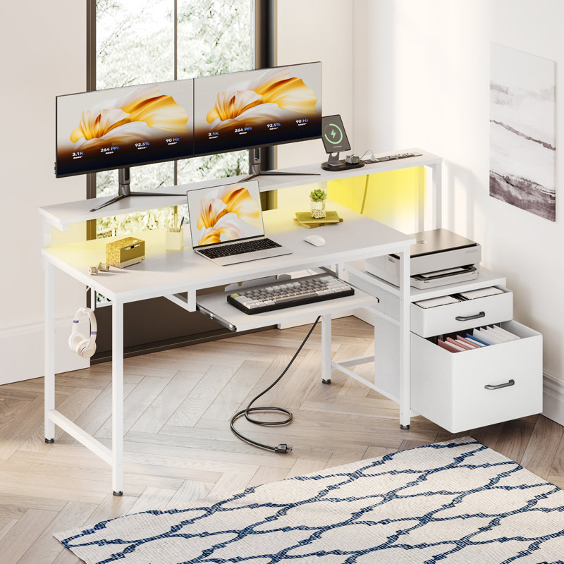 Harleysville Gaming Desk with Led Lights and Built-in Power Socket,Reversible Desk with Monitor Shelf and Cabinet ,Computer Desk with Pull-out Keyboard Tray