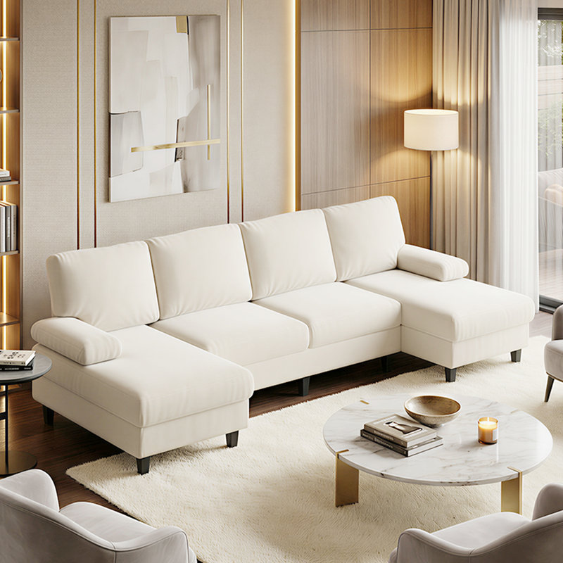 Canapé modulaire en forme de U de 110 po, canapé 4 places Cloud Velvet Ice avec méridienne double, beige, Beige