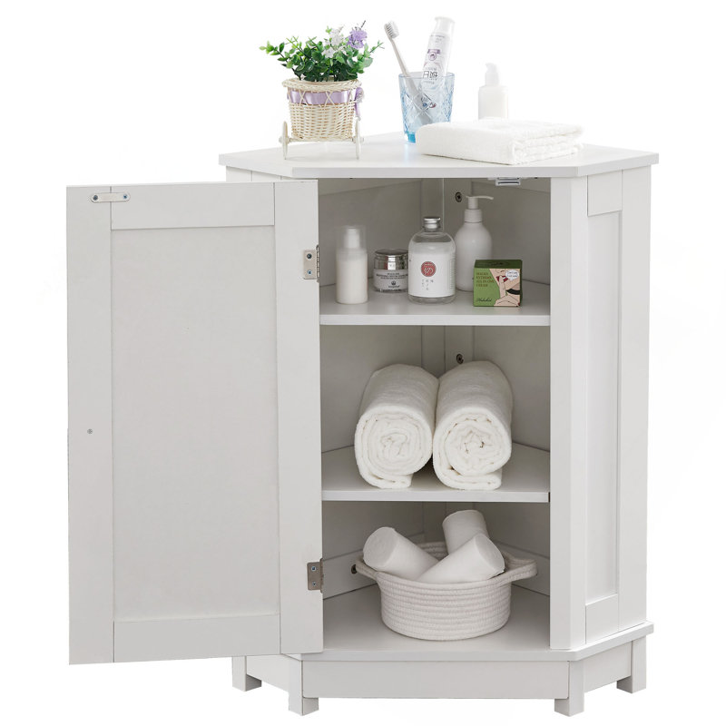 White Bathroom Cabinet Triangle Corner Storage Cabinet With Adjustable Shelf Modern Style MDF Board, White