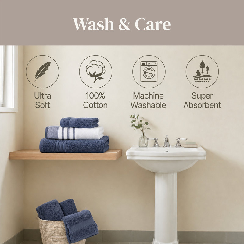Modern Threads 6 Piece Set, 2 Bath Towels, 2 Hand Towels, 2 Washcloths, Quick Dry White/Contrast Reinhart, Denim