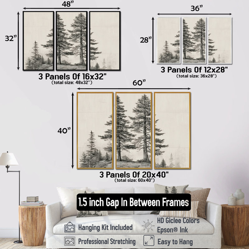 Ensemble de grandes reproductions d'art mural rétro, "Pine Trees On Mountain - Pine", H 40 po x l 60 po, Argent argent