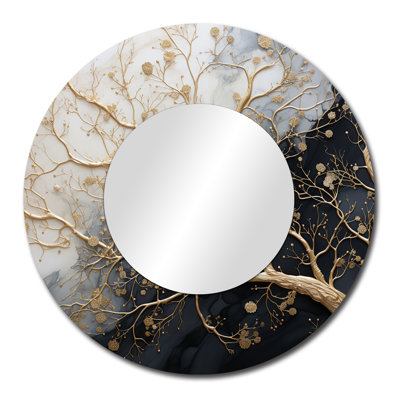 Golden Branch Tree Luminous Tangle III - Monochrome Wall Mirror, Traditional Round Decorative Mirror, Printed Metal Art