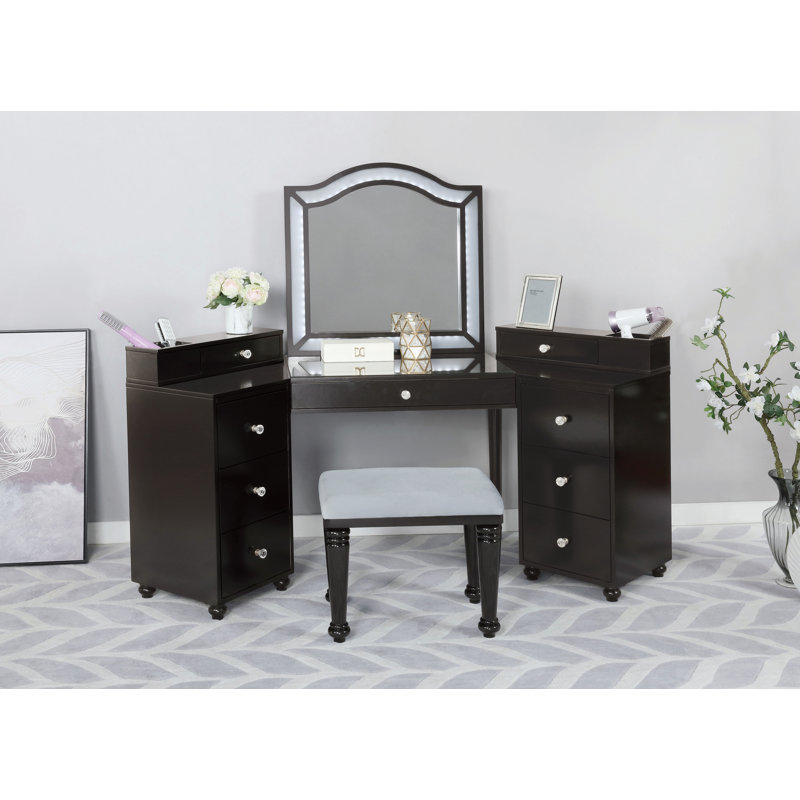 Ensemble coiffeuse Commodore avec tabouret et miroir, Gris obsidienne