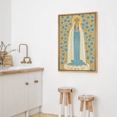 Our Lady of Grace with Blue Floral Pattern Framed Wall Art - Religious Marian Illustration for Prayer Room or Entryway - Folk Catholic Decor