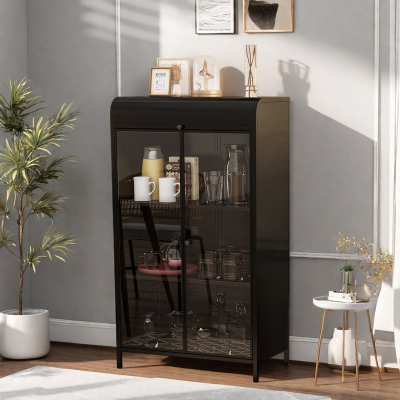Grande armoire en métal avec portes en verre et plateau rabattable, conception à 4 niveaux, structure en acier durable et plateau arqué