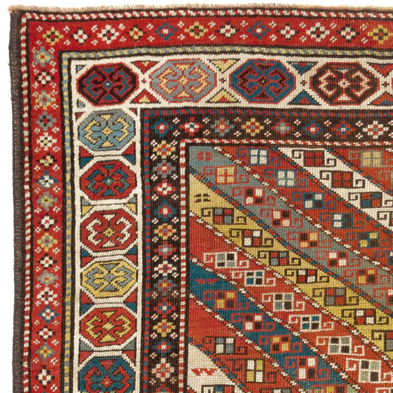 Tapis antique de race blanche Gendje à rayures diagonales colorées, vers 1875