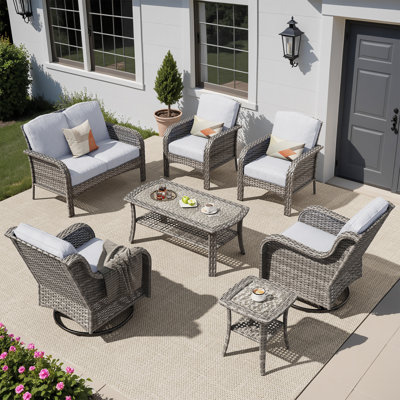 7 Pieces Patio Furniture Set Wicker Patio Furniture, 6-person Outdoor Conversation Deck Sofa With High Back Swivel Rocking Chairs, And Coffee Tables