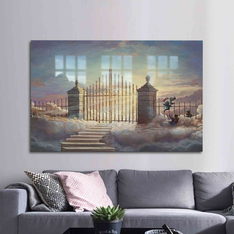 Art mural en verre trempé mettant en vedette le motif graffiti de Pearly Gates de Banksy pour une décoration moderne