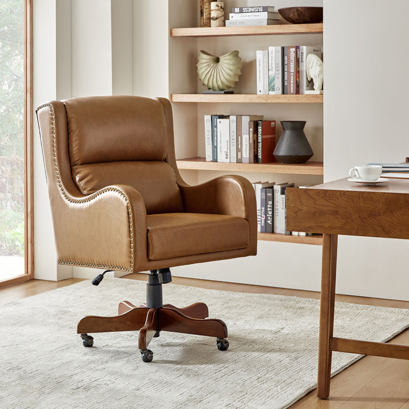 Lundgren Transitional 26.5" W Vegan Leather Tilting Executive Chair with Lumbar Support and Solid Base, Camel