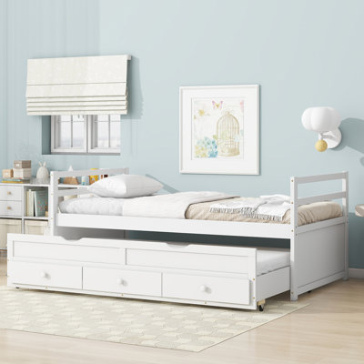 Tête de lit et lit simple gris, avec rangement pour lit gigogne coulissant