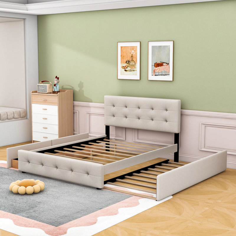 Grand lit plateforme tapissier avec tête de lit capitonnée, lit simple TG et deux tiroirs, Beige foncé