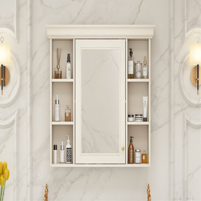 35'' x 28'' Wall Mounted Bathroom Storage Cabinet with Mirror Door, Modern Bathroom Wall Cabinet with Mirror, Medicine Cabinet with 6 Open Shelves