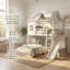 Lit superposé simple au-dessus d'une chambre double avec échelle, glissade, tablettes de rangement et garde-robe AVELOR-129527422