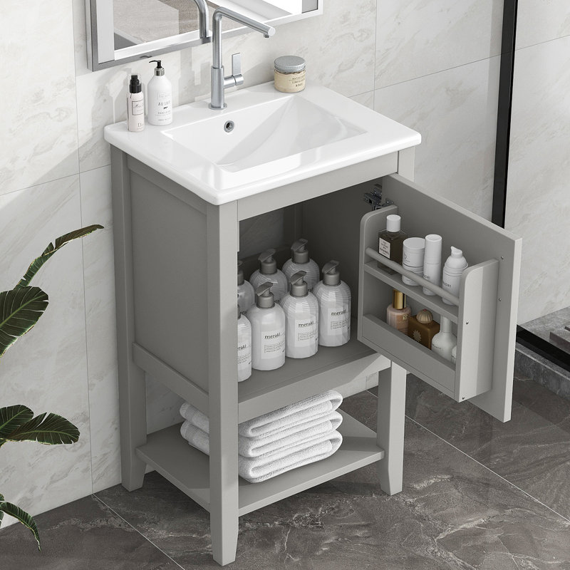 Meuble-lavabo de 20 po avec lavabo, armoire de salle de bain avec porte à fermeture douce, support de rangement et tablette ouverte, gris