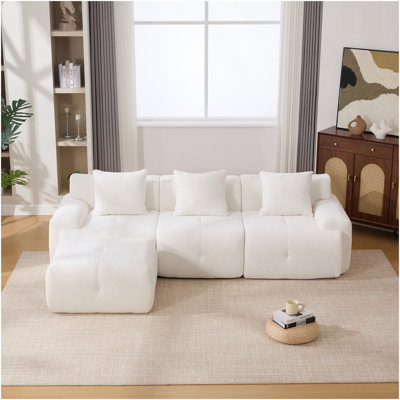 104.3" 4-Piece L Shaped Upholstered Modular Sectional Sofa, Oversized 3-Seater Boneless Convertible Cloud Tufted Couch Set With Deep Seat & Movable Ottoman 3 Pillows For Living Room,No Assembly, Ivory