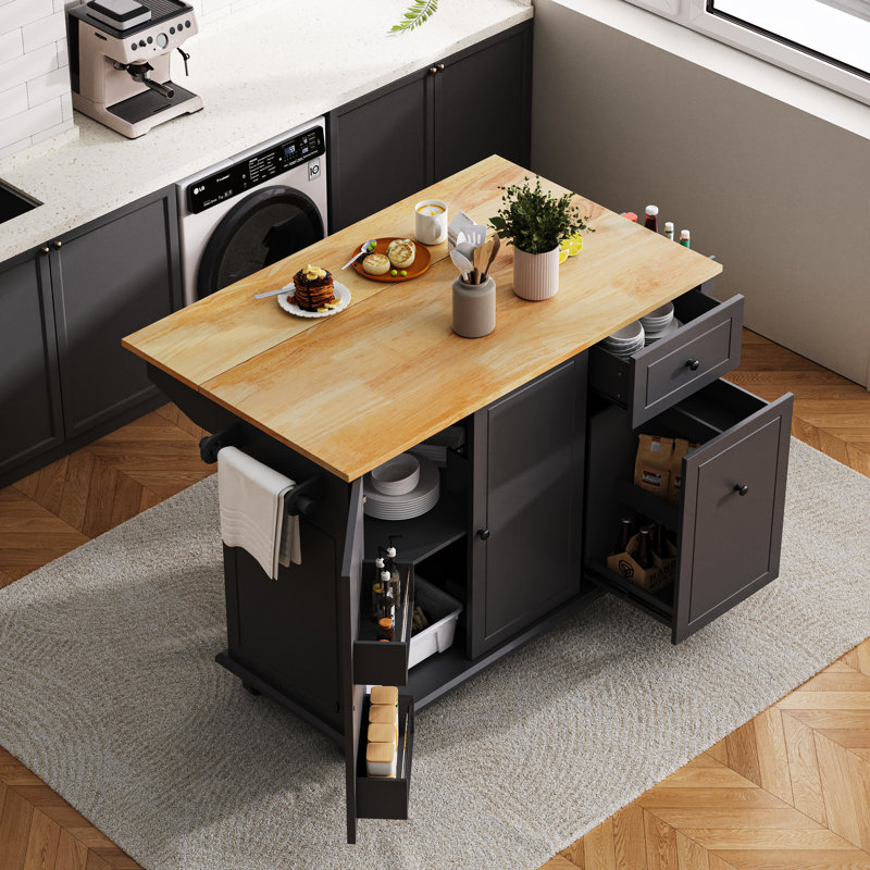 Creg Rolling Mobile Kitchen Island Cart with Drop-Leaf Top, Pull-Out Storage, and Locking Casters, Black