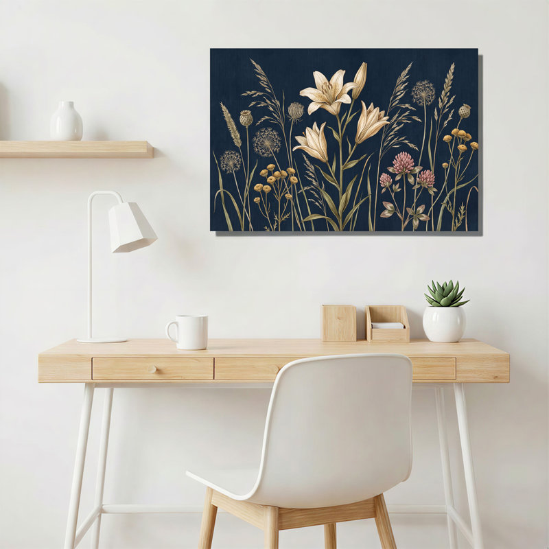 Art botanique sur toile bleu marine, 12"H x 18"W