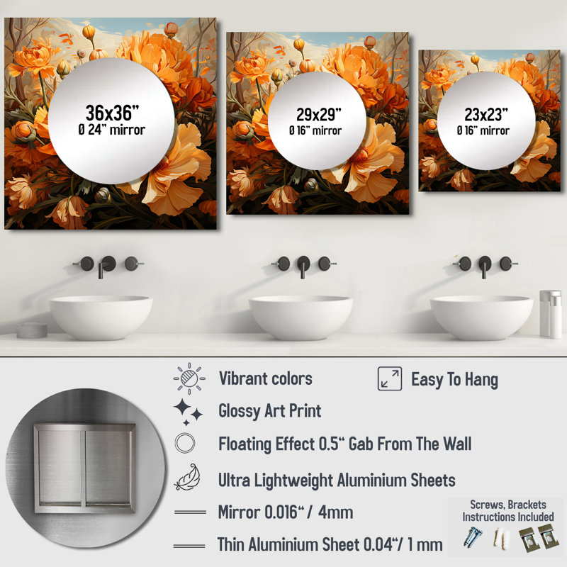 Gold Marigold Marigold Melody I - Floral Square Mirror Wall Decor For Bedroom, 36" x 36"