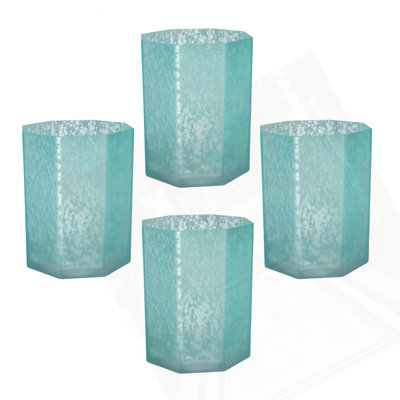 5.1X5.1X5.9" Aqua Blue Frosted Mercury Glass Octagonal Candle Holder,4 Pack