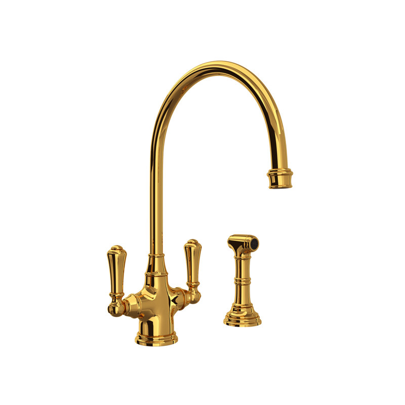 Georgian Era Two Handle Kitchen Faucet with Side Spray, Unlacquered Brass