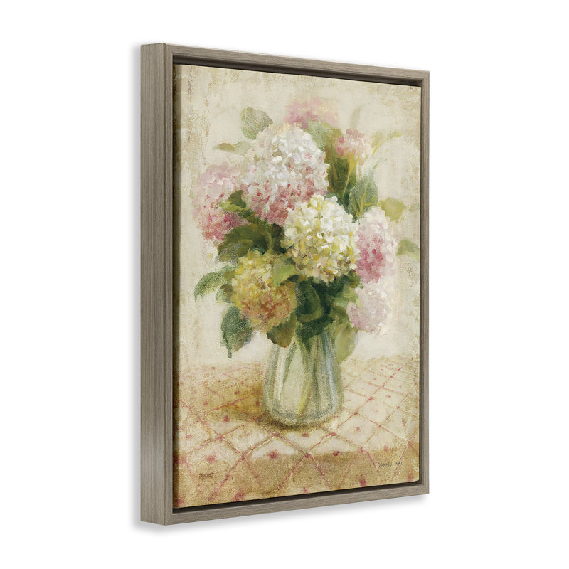  «Cottage Hydrangeas in Pink», art mural sur toile par Danhui Nai, H 31 po x l 25 po, Cadre flottant orme Montalcino
