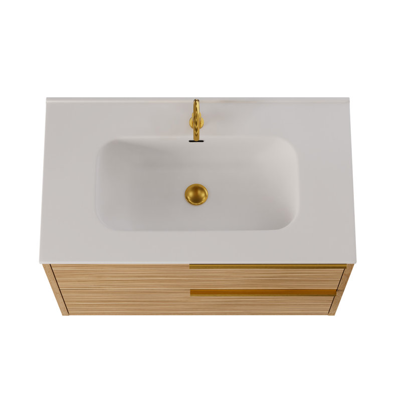 Kora 24" Bamboo Faux Finish Wall-Mounted Single Bathroom Vanity with Integrated Ceramic Top & Handles, Gold