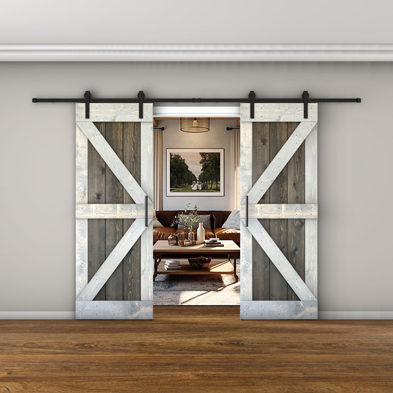 Porte de grange lambrissée peinte en bois et en métal, 60 po x 84 po, Acajou / gris
