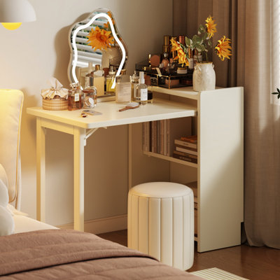 Beige Modern Minimalist Folding Multi‑Purpose Vanity Desk, Dual‑Use for Makeup and Writing Workstation