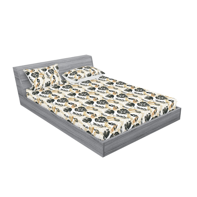 Ambesonne Fitted Sheet & Shams, Dark Gray/Pastel Brown Flower, King Sheet Set with 2 Pillowcases
